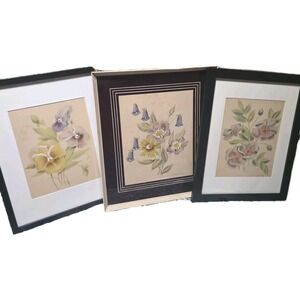 Set of 3 Vintage Janice May Floral Watercolor Paintings – Framed Original Art